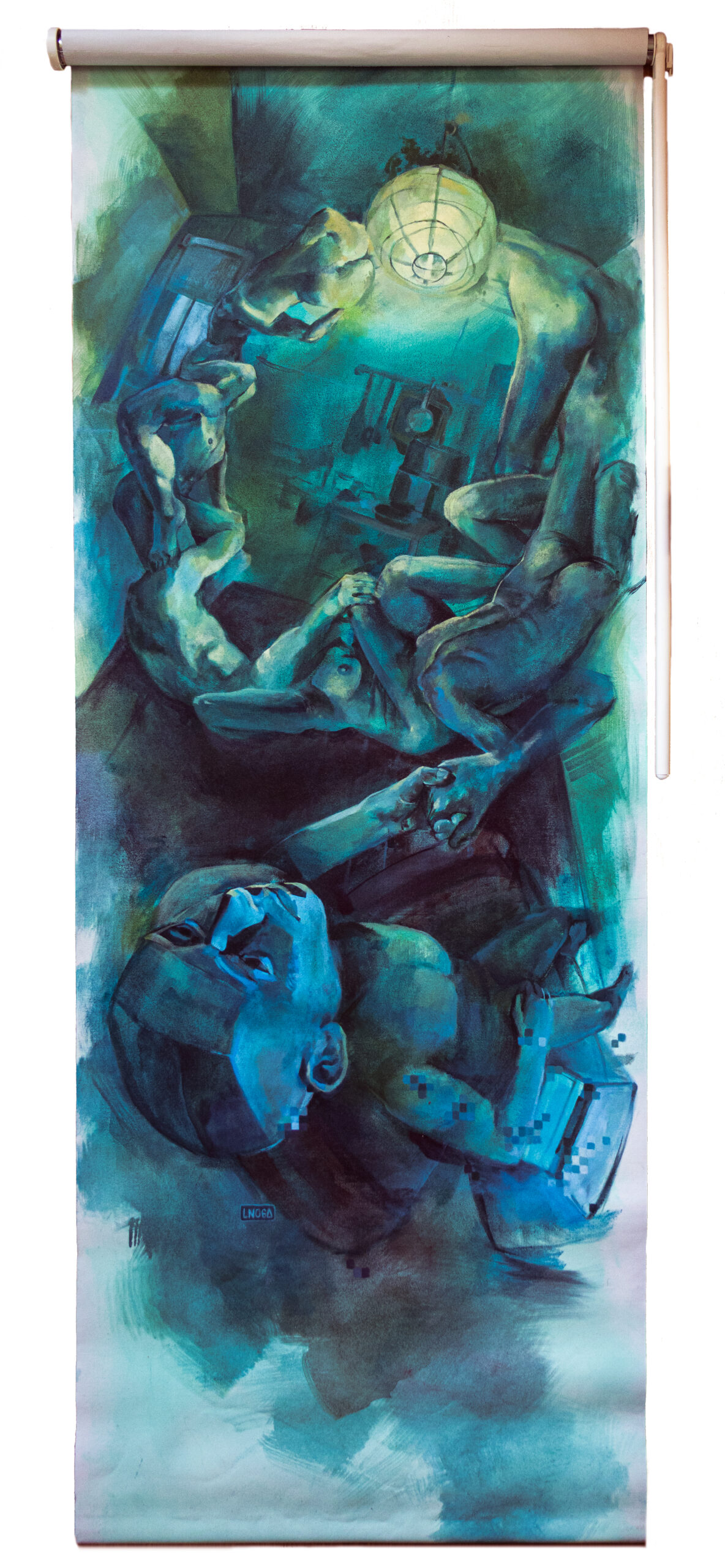 Pintura surrealista que muestra a un cúmulo de personas que no caben en una habitación , en representación de la crisis d el vivienda