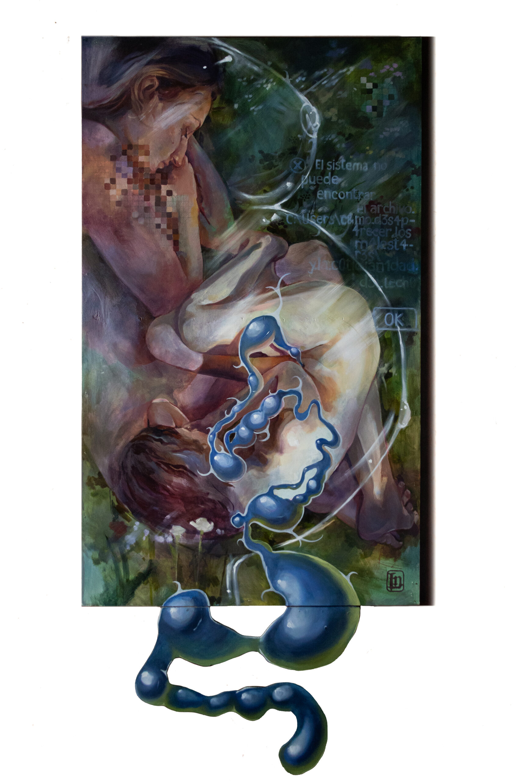 Pintura al óleo "en el momento previo a la existencia" Una mujer embarazada de sí misma