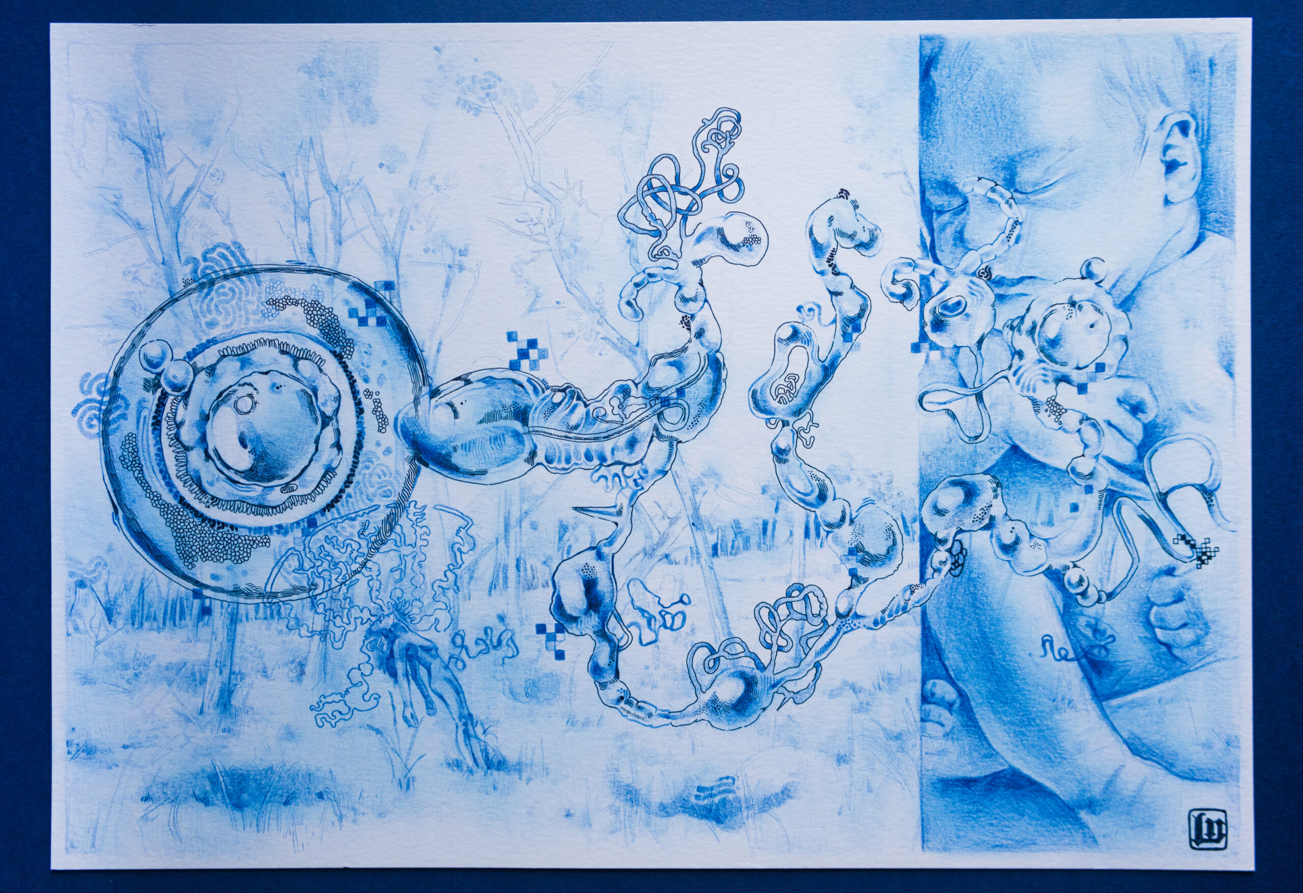 Dibujo en tonos azules sobre el nacimiento