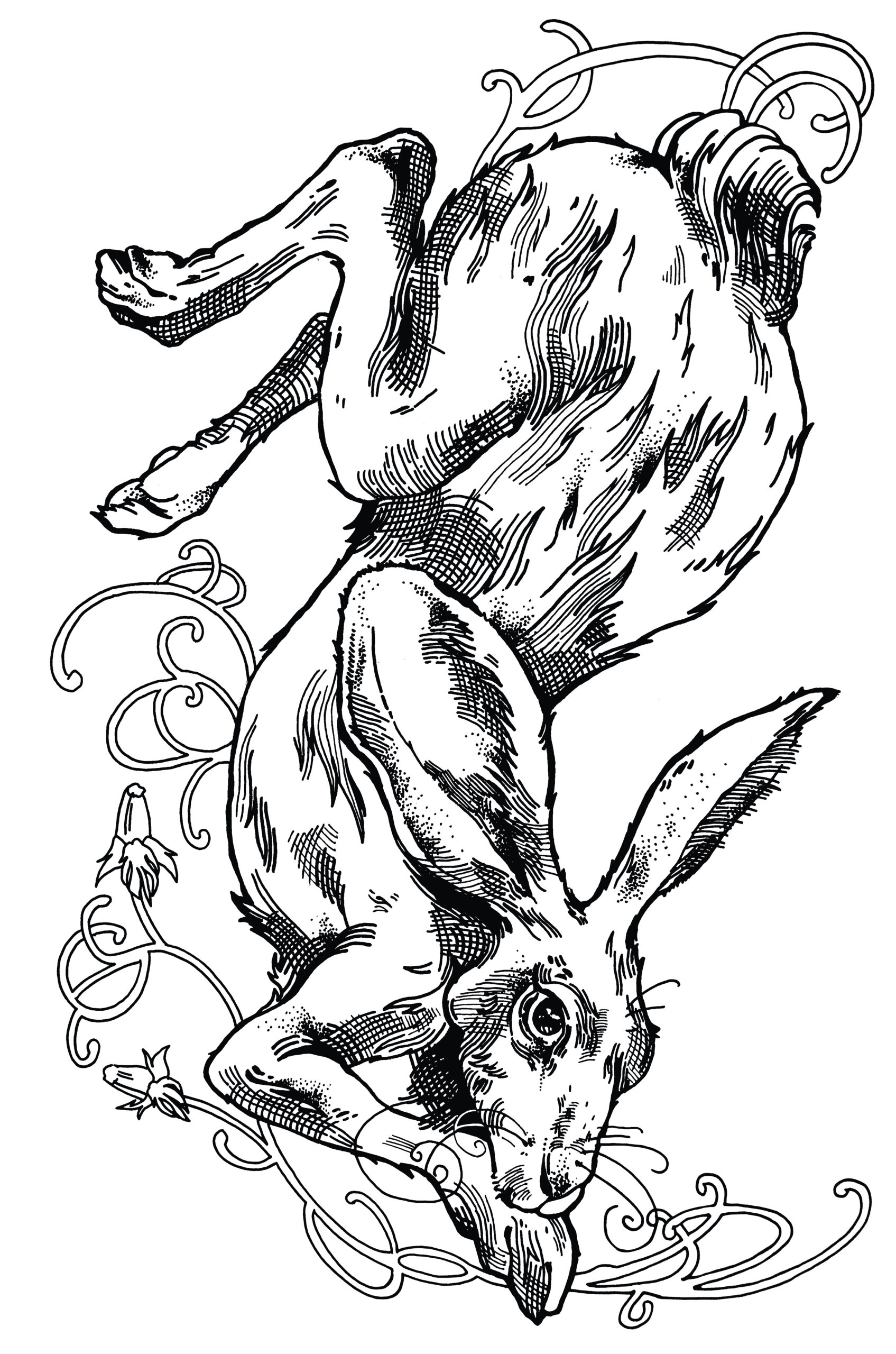 Diseño de tatuaje que muestra a un conejo con ornamentos florales