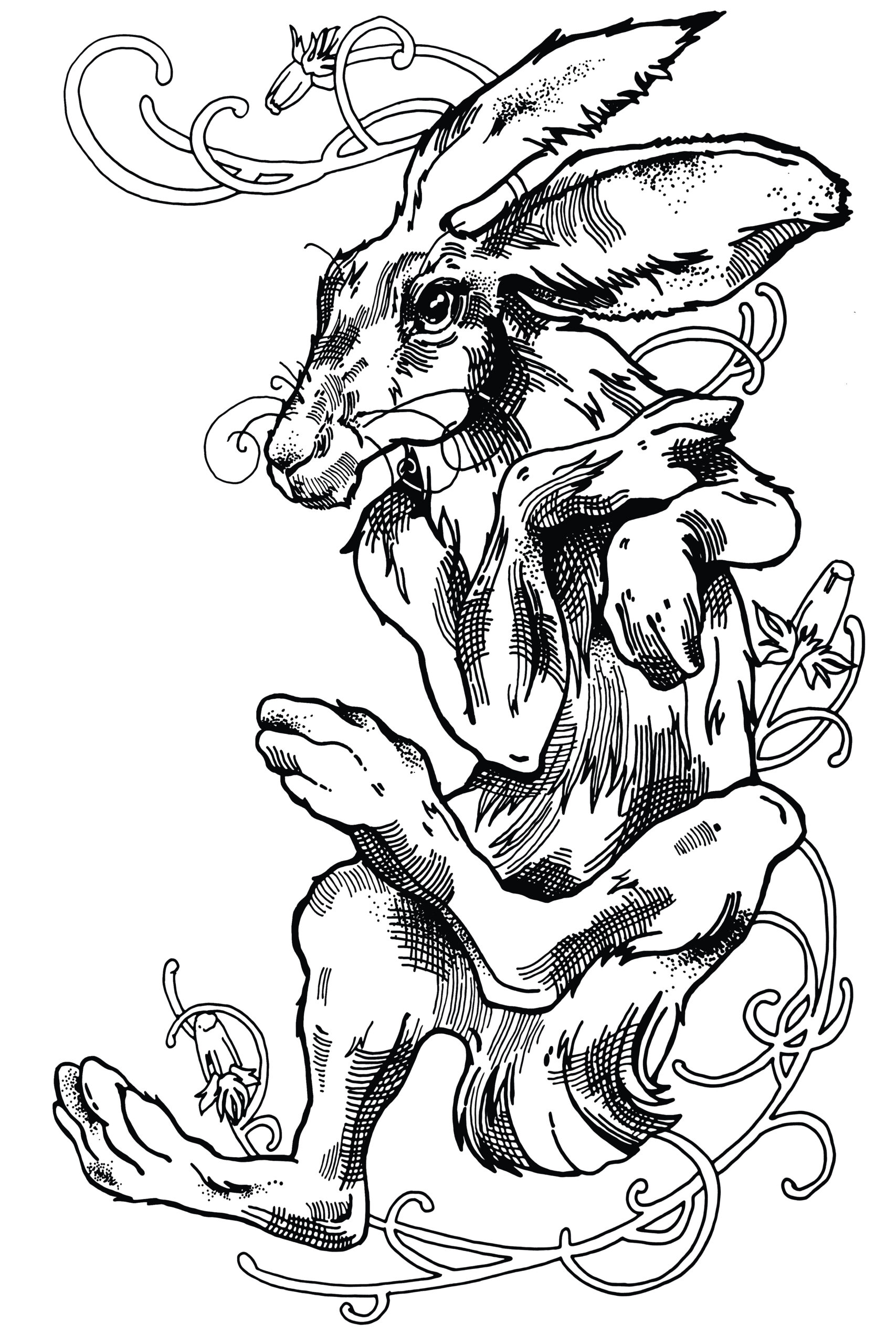 Diseño de un tatuaje que muestra a un conejo con ornamentos florales