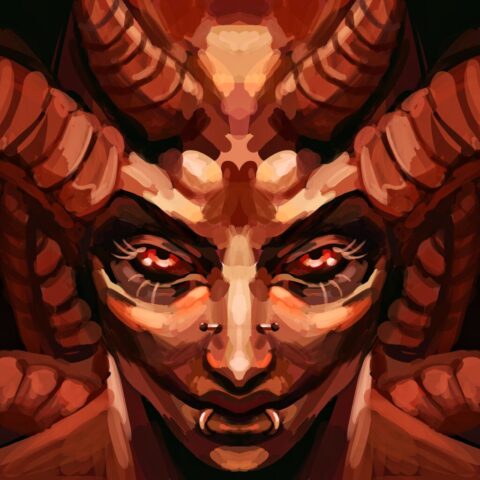 Diseño de personaje en simetría de Lucifer en mujer