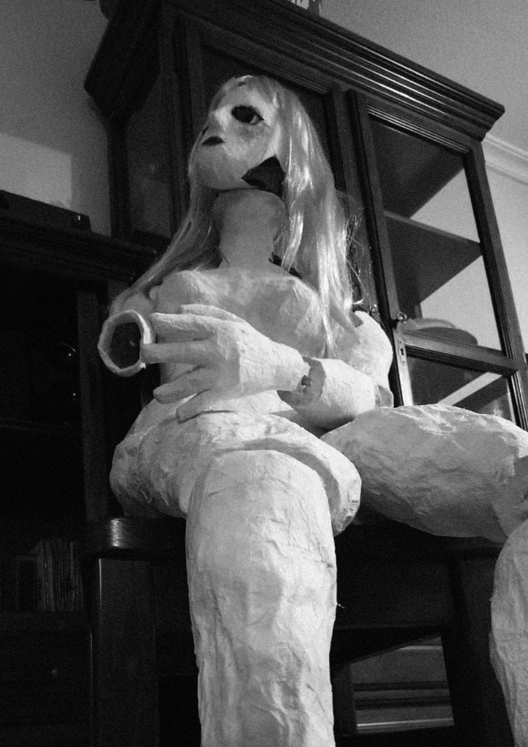 fotografía en blanco y negro de una muñeca de papel maché