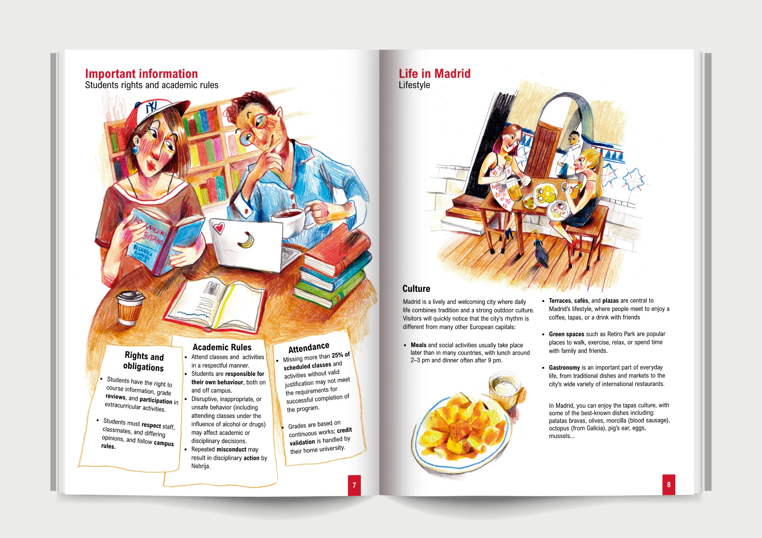 Imagen de un mock up de una revista con los diseños de la artista. se trata de una guía ilustrada para estudiantes internacionales