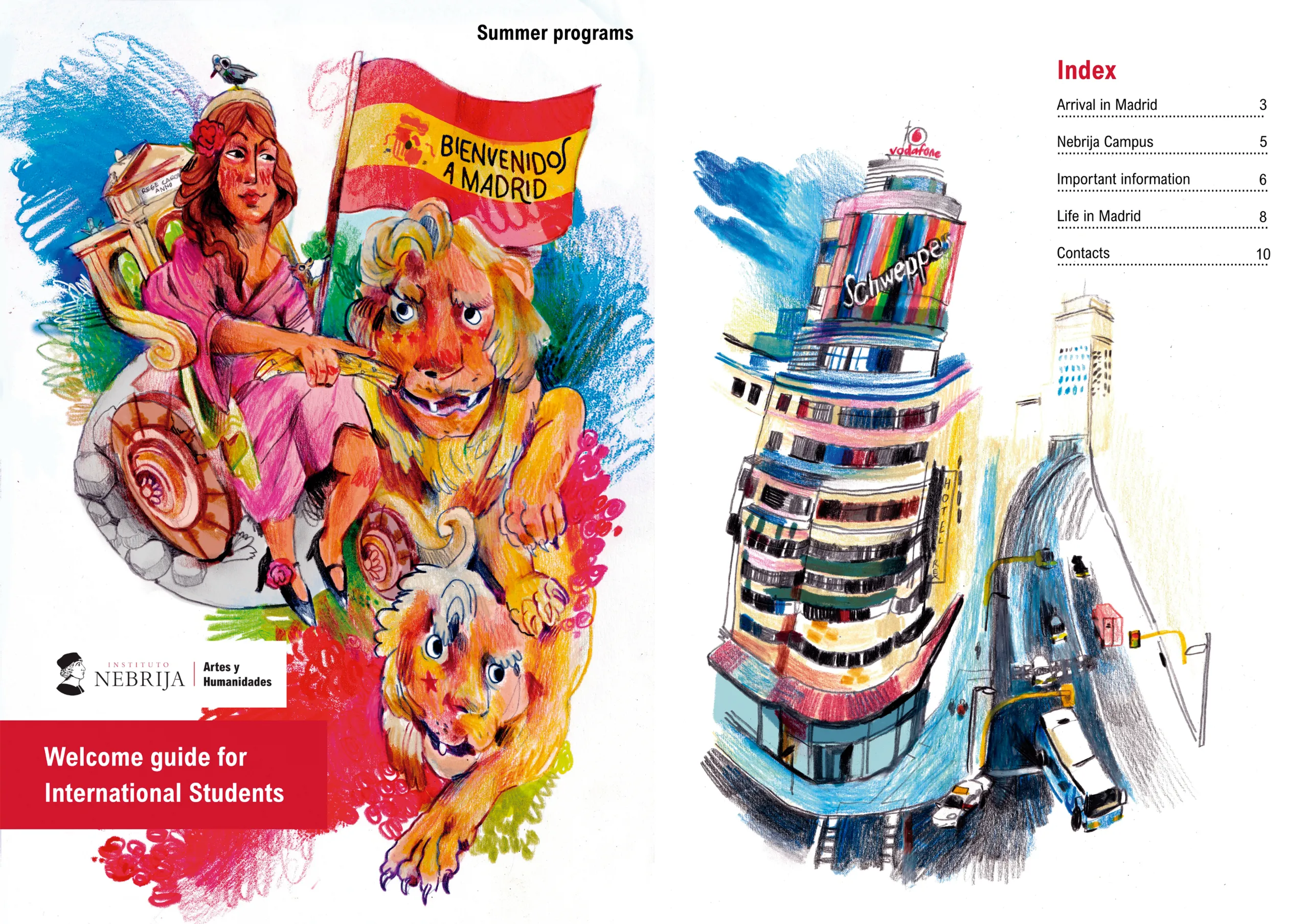 Portada y página 1 del ducumento con los diseños de la artista. se trata de una guía ilustrada para estudiantes internacionales