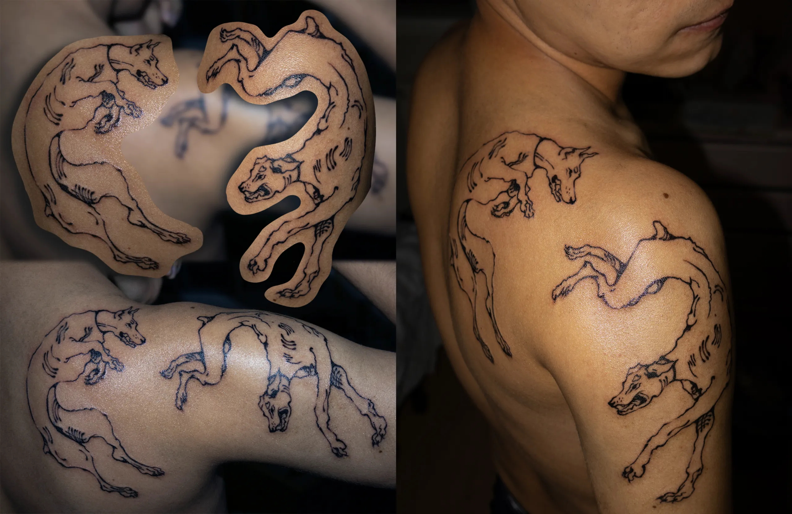 Tatuaje en hombre de dos perros galgos entrelazados