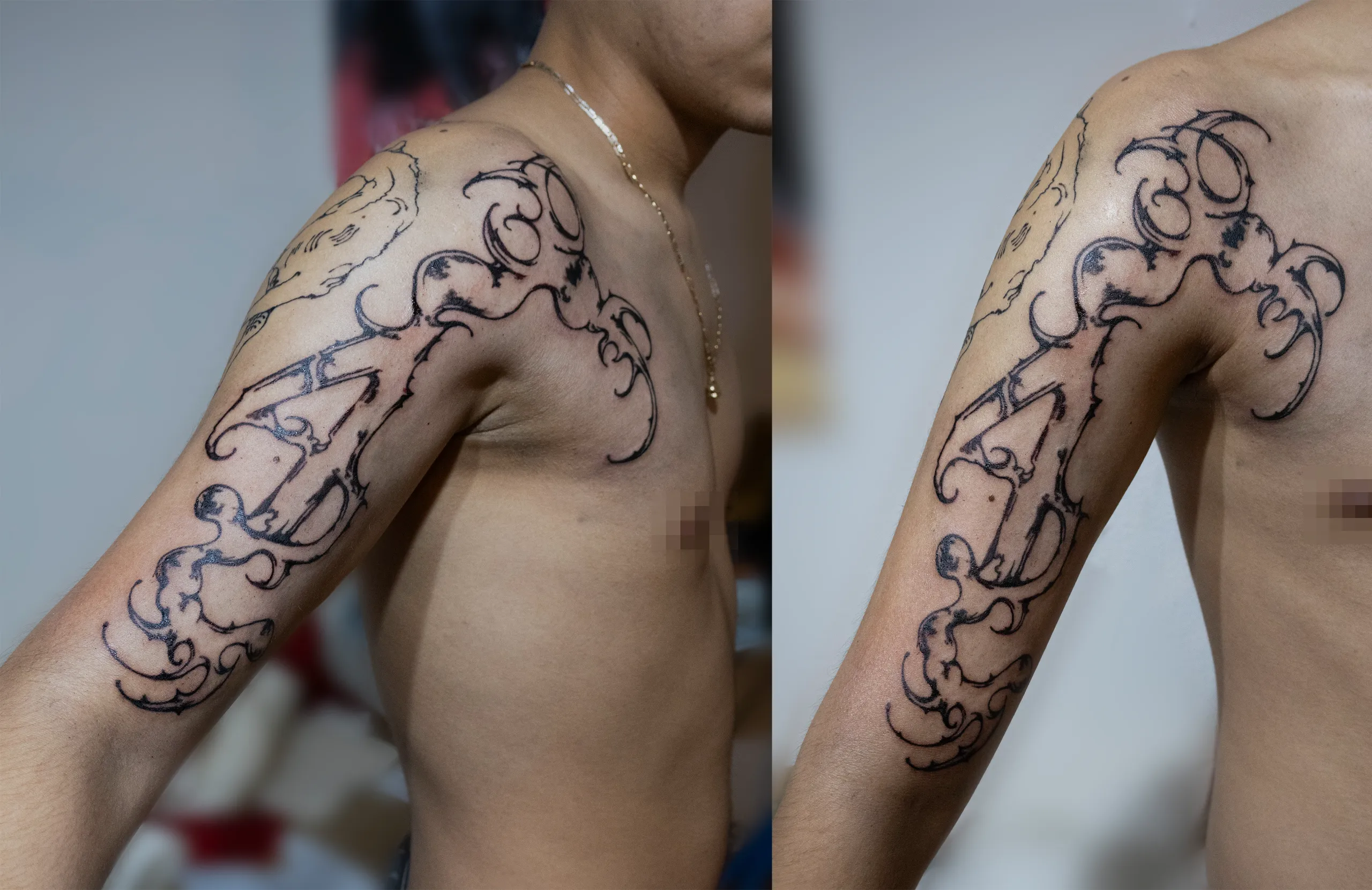 Tatuaje en hombro de una forma abstracta combinada con el 4 de l título Resident Evil 4
